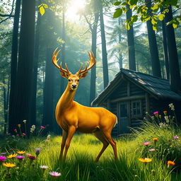 A majestic golden deer gracefully standing near a quaint hut nestled in a lush green forest