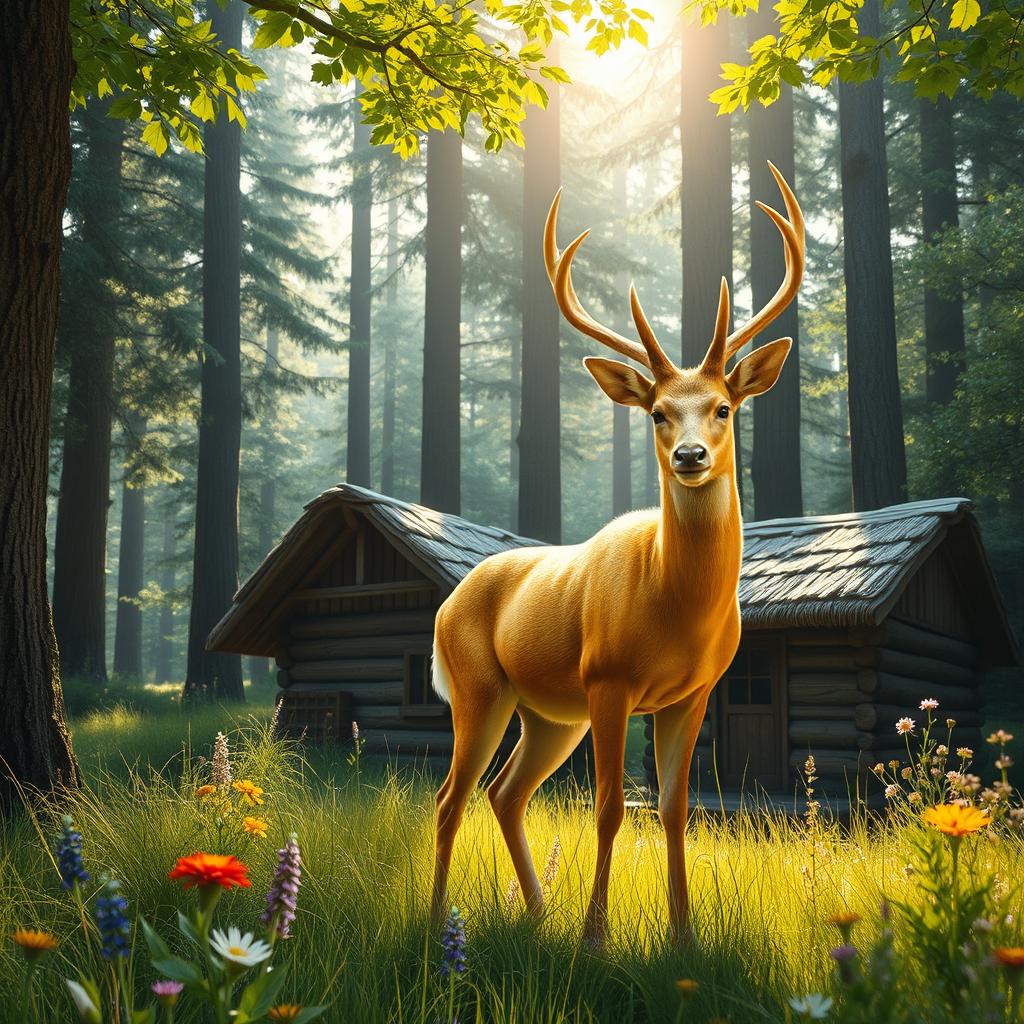 A majestic golden deer gracefully standing near a quaint hut nestled in a lush green forest