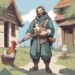 A high-quality comic-style illustration presents a homeless vagrant as a fantasy DnD fighter in a medieval village