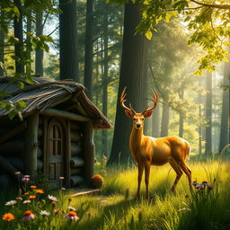 A majestic golden deer gracefully standing near a quaint hut nestled in a lush green forest