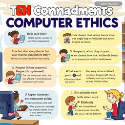 An educational digital poster designed for elementary students that simplifies the ten commandments of computer ethics, focusing on themes of respect and kindness in the digital world