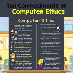 An educational digital poster designed for elementary students that simplifies the ten commandments of computer ethics, focusing on themes of respect and kindness in the digital world