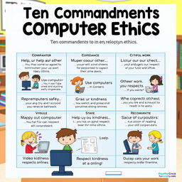An educational digital poster designed for elementary students that simplifies the ten commandments of computer ethics, focusing on themes of respect and kindness in the digital world