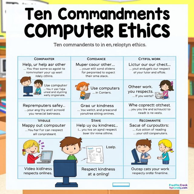 An educational digital poster designed for elementary students that simplifies the ten commandments of computer ethics, focusing on themes of respect and kindness in the digital world