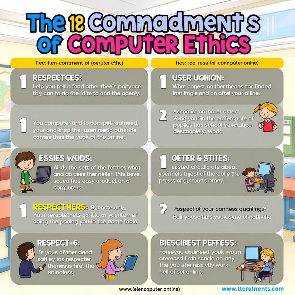 An educational digital poster designed for elementary students that simplifies the ten commandments of computer ethics, focusing on themes of respect and kindness in the digital world
