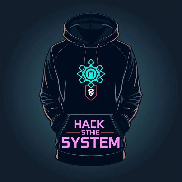 A stylish and edgy hoodie design featuring a small logo that incorporates the elements of hacking tools such as Nmap, SQLmap, and Metasploit