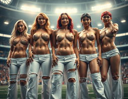 A photorealistic, high-quality image of seven skinny muscular and toned topless women with athletic builds, prominently showcasing their well-defined abs