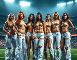 A photorealistic, high-quality image of seven skinny muscular and toned topless women with athletic builds, prominently showcasing their well-defined abs