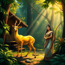 A serene forest scene featuring a majestic golden deer standing gracefully near a rustic hut