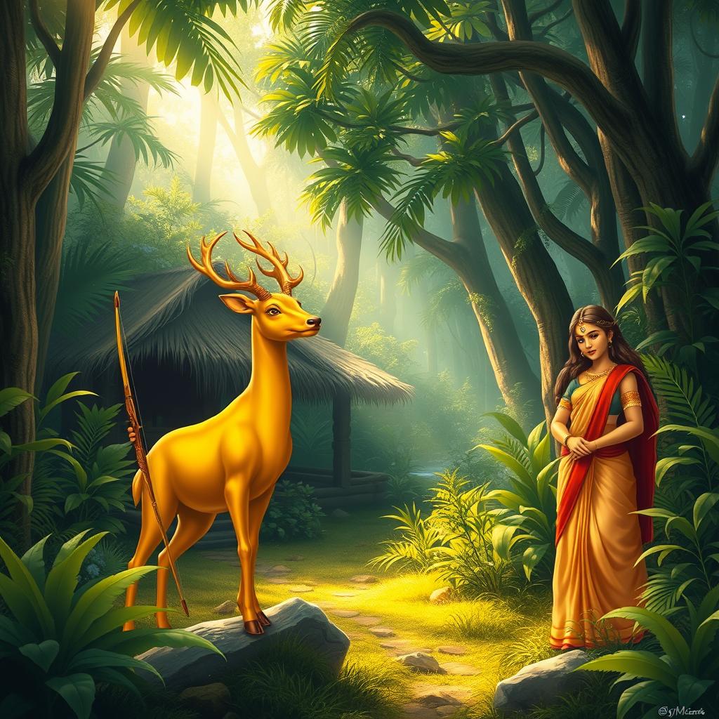 A serene forest scene featuring a majestic golden deer standing gracefully near a rustic hut