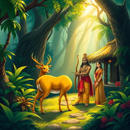 A serene forest scene featuring a majestic golden deer standing gracefully near a rustic hut