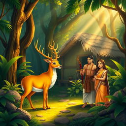 A serene forest scene featuring a majestic golden deer standing gracefully near a rustic hut