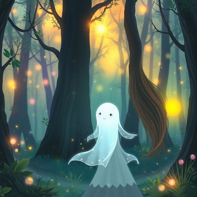 An enchanting illustration of a woman and her ethereal ghost friend in a mystical forest