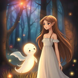 An enchanting illustration of a woman and her ethereal ghost friend in a mystical forest