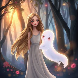 An enchanting illustration of a woman and her ethereal ghost friend in a mystical forest