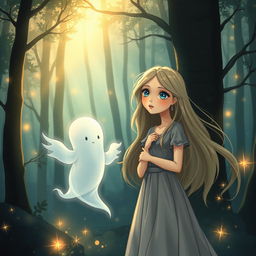 An enchanting illustration of a woman and her ethereal ghost friend in a mystical forest
