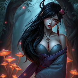 A beautiful dark elf with large breasts, featuring gorgeous, flowing black hair adorned with traditional Japanese ornaments