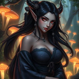 A beautiful dark elf with large breasts, featuring gorgeous, flowing black hair adorned with traditional Japanese ornaments