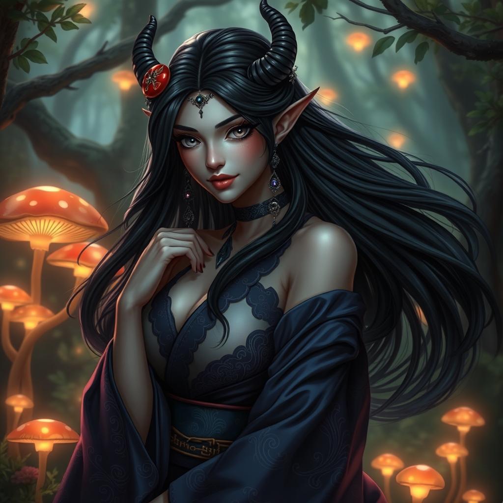 A beautiful dark elf with large breasts, featuring gorgeous, flowing black hair adorned with traditional Japanese ornaments