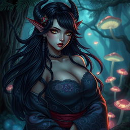 A beautiful dark elf with large breasts, featuring gorgeous, flowing black hair adorned with traditional Japanese ornaments