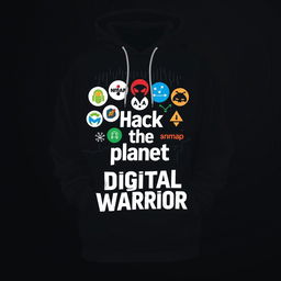 A stylish and modern hoodie design featuring a small logo with a typeface that embodies the hacking culture