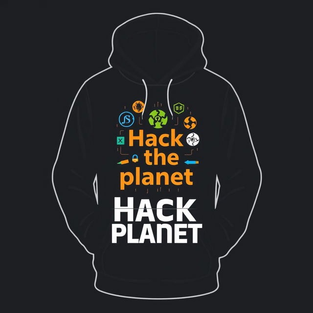 A stylish and modern hoodie design featuring a small logo with a typeface that embodies the hacking culture