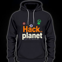 A stylish and modern hoodie design featuring a small logo with a typeface that embodies the hacking culture