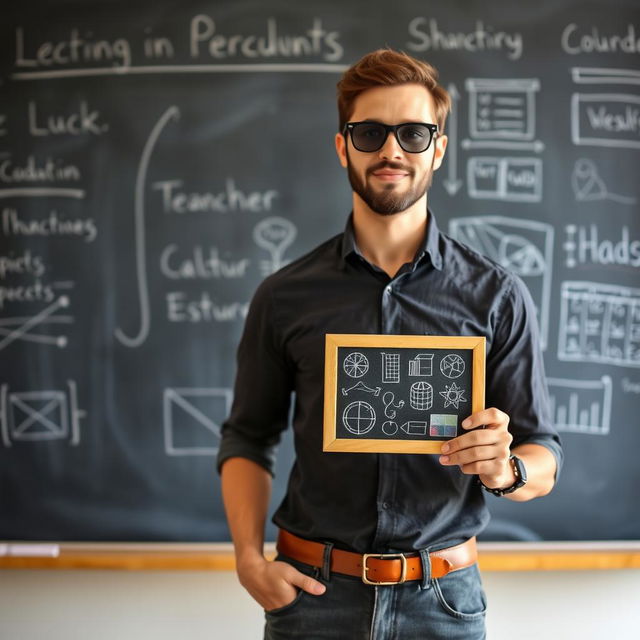 A teacher standing confidently in front of a large blackboard, wearing stylish sunglasses