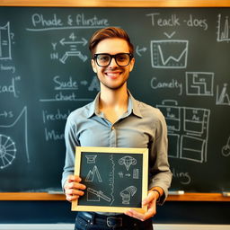 A teacher standing confidently in front of a large blackboard, wearing stylish sunglasses