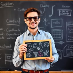 A teacher standing confidently in front of a large blackboard, wearing stylish sunglasses