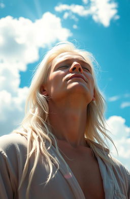 A serene scene depicting a man with long white blonde hair, standing outdoors with his eyes closed, feeling the warm rays of the sun on his face