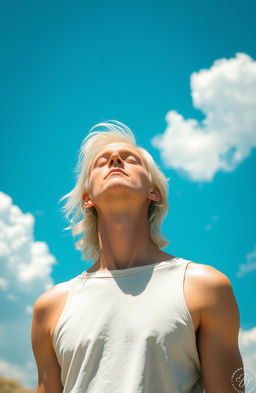 A serene scene depicting a man with long white blonde hair, standing outdoors with his eyes closed, feeling the warm rays of the sun on his face