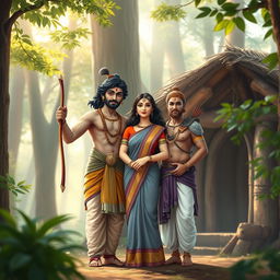 Rama, Sita, and Lakshmana standing together near a rustic hut in a serene forest setting