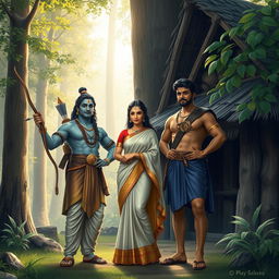 Rama, Sita, and Lakshmana standing together near a rustic hut in a serene forest setting