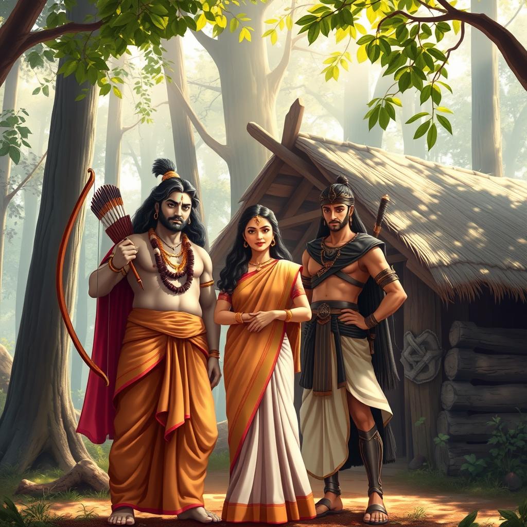 Rama, Sita, and Lakshmana standing together near a rustic hut in a serene forest setting