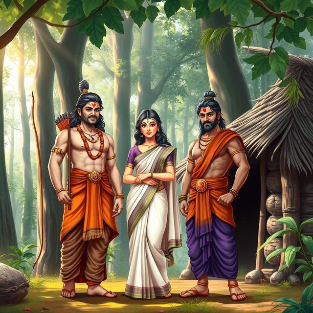 Rama, Sita, and Lakshmana standing together near a rustic hut in a serene forest setting