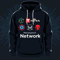 A trendy and modern hoodie design featuring a small logo arrangement incorporating the original logos of hacking tools such as Nmap, Hydra, Metasploit, and Red Hawk
