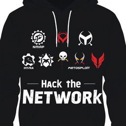 A trendy and modern hoodie design featuring a small logo arrangement incorporating the original logos of hacking tools such as Nmap, Hydra, Metasploit, and Red Hawk