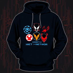 A trendy and modern hoodie design featuring a small logo arrangement incorporating the original logos of hacking tools such as Nmap, Hydra, Metasploit, and Red Hawk