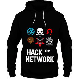 A trendy and modern hoodie design featuring a small logo arrangement incorporating the original logos of hacking tools such as Nmap, Hydra, Metasploit, and Red Hawk