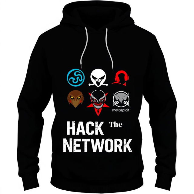 A trendy and modern hoodie design featuring a small logo arrangement incorporating the original logos of hacking tools such as Nmap, Hydra, Metasploit, and Red Hawk