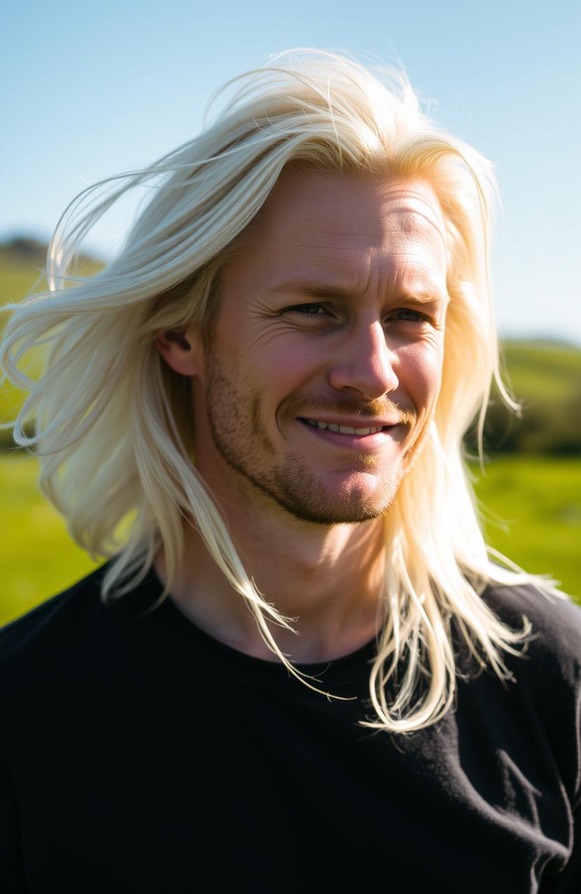 A striking portrait of a man with long white blonde hair, standing outdoors and feeling the warmth of the sun on his face