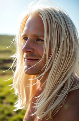 A striking portrait of a man with long white blonde hair, standing outdoors and feeling the warmth of the sun on his face