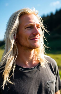 A striking portrait of a man with long white blonde hair, standing outdoors and feeling the warmth of the sun on his face