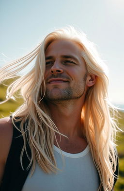 A striking portrait of a man with long white blonde hair, standing outdoors and feeling the warmth of the sun on his face