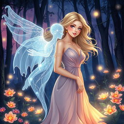 A captivating illustration of a beautiful woman alongside her ethereal ghost friend, who is both protective and enchanting