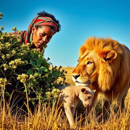 An Ethiopian woman in traditional attire, characterized by colorful woven fabrics and intricate patterns, is crouching behind a bush, peering cautiously towards a lion