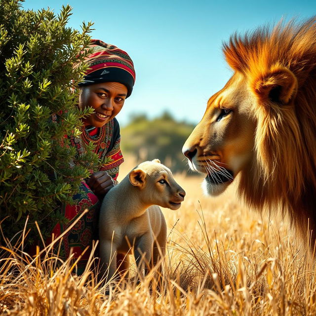 An Ethiopian woman in traditional attire, characterized by colorful woven fabrics and intricate patterns, is crouching behind a bush, peering cautiously towards a lion