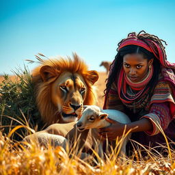 An Ethiopian woman in traditional attire, characterized by colorful woven fabrics and intricate patterns, is crouching behind a bush, peering cautiously towards a lion