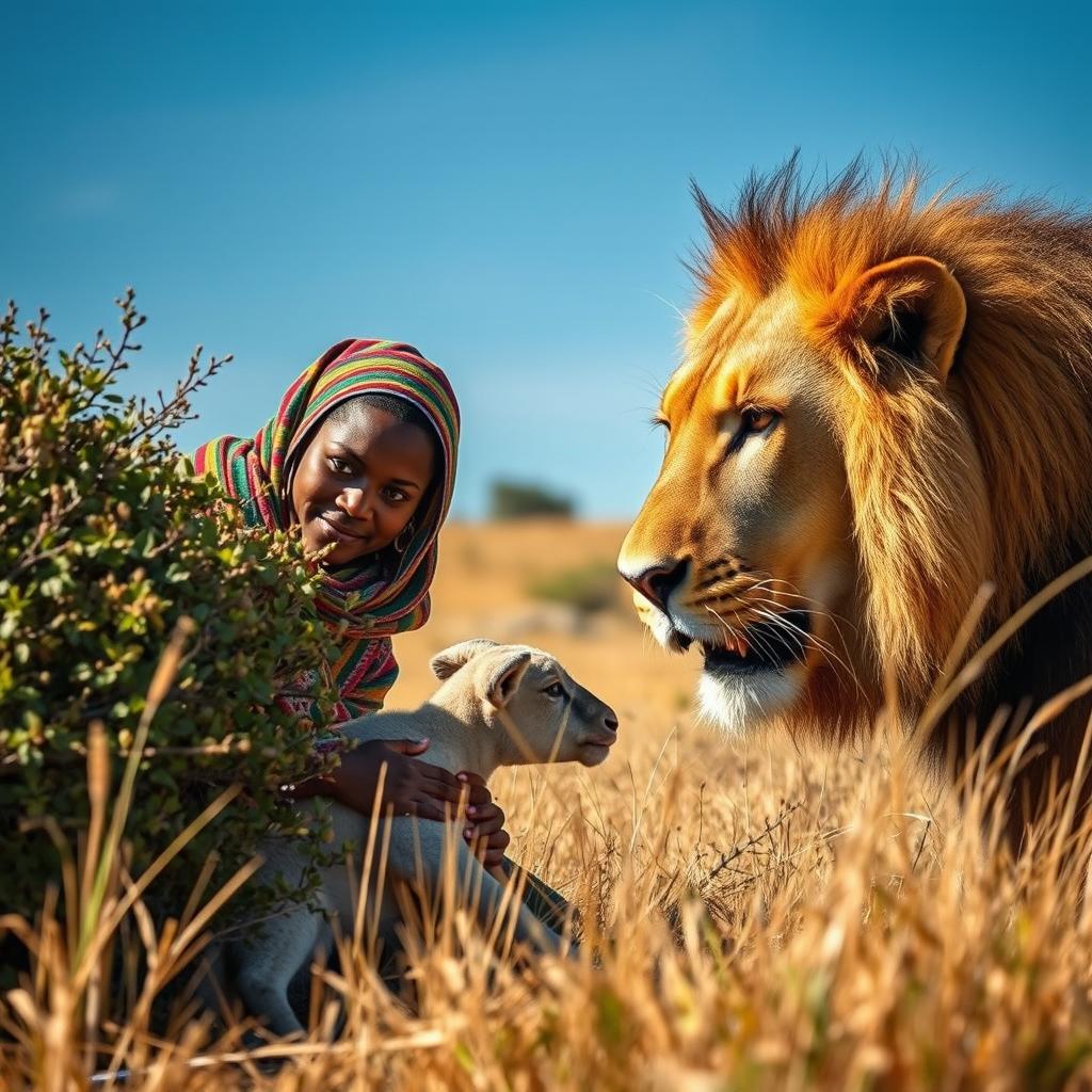 An Ethiopian woman in traditional attire, characterized by colorful woven fabrics and intricate patterns, is crouching behind a bush, peering cautiously towards a lion